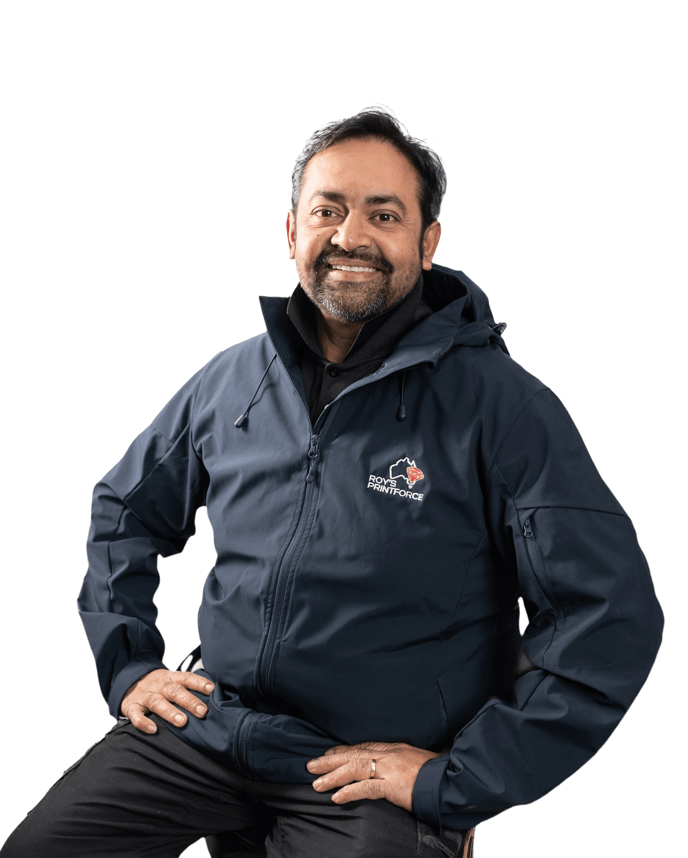 Roy wearing a branded soft-shell jacket